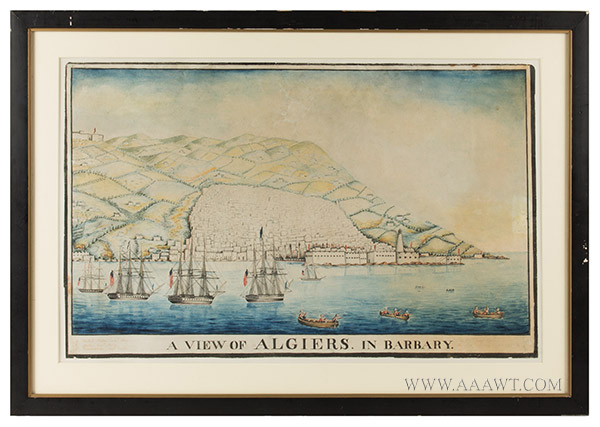 Watercolor, View of Algiers in Barbary, American Ships in Harbor, Image 1